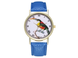 Relógio de quartzo unissex com pulseira de couro PU Zhoulianfa, mostrador azul royal com pássaro.