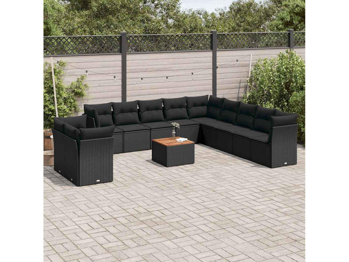 Vidaxl 12 Pcs Conjunto De Sofás De Jardim C/ Almofadões Vime Pe Preto