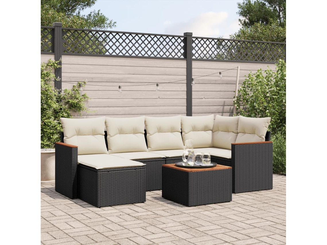 7 Pcs Conjunto De Sofás P/ Jardim C/ Almofadões Vime Pe Preto Dkd Home Decor