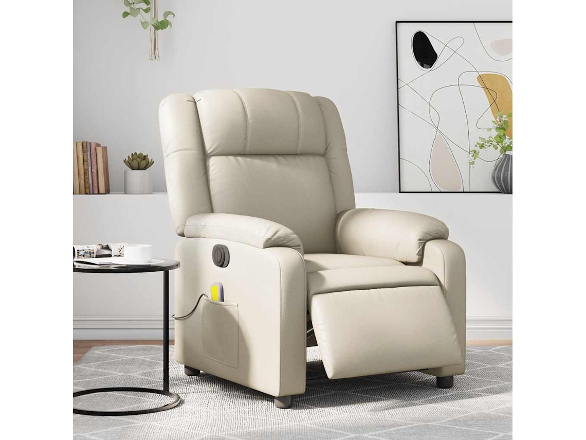 Vidaxl Poltrona Massagens Reclinável Elétrica Couro Artificial Creme