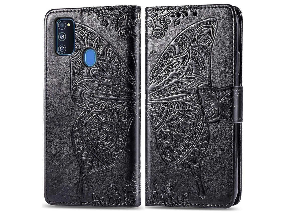 Capa De Couro Com Aba Horizontal, Estampa De Borboleta E Flor Em Relevo, Para Galaxy M30s/m21, Com Suporte, Compartimento Para Cartões, Compartimento