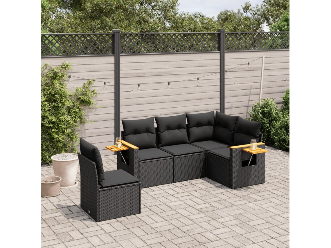 Vidaxl 5 Pcs Conjunto Sofás De Jardim Com Almofadões Vime Pe Preto