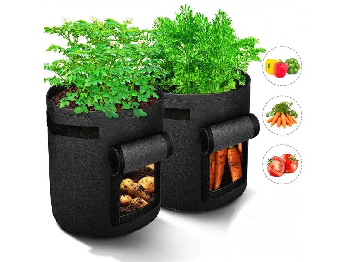 Conjunto 2 Sacos Cultivo Batata – Saco Plantação Com Janela Colheita – Com Pega – 35x35x45 Cm – Preto – Feltro Sintético