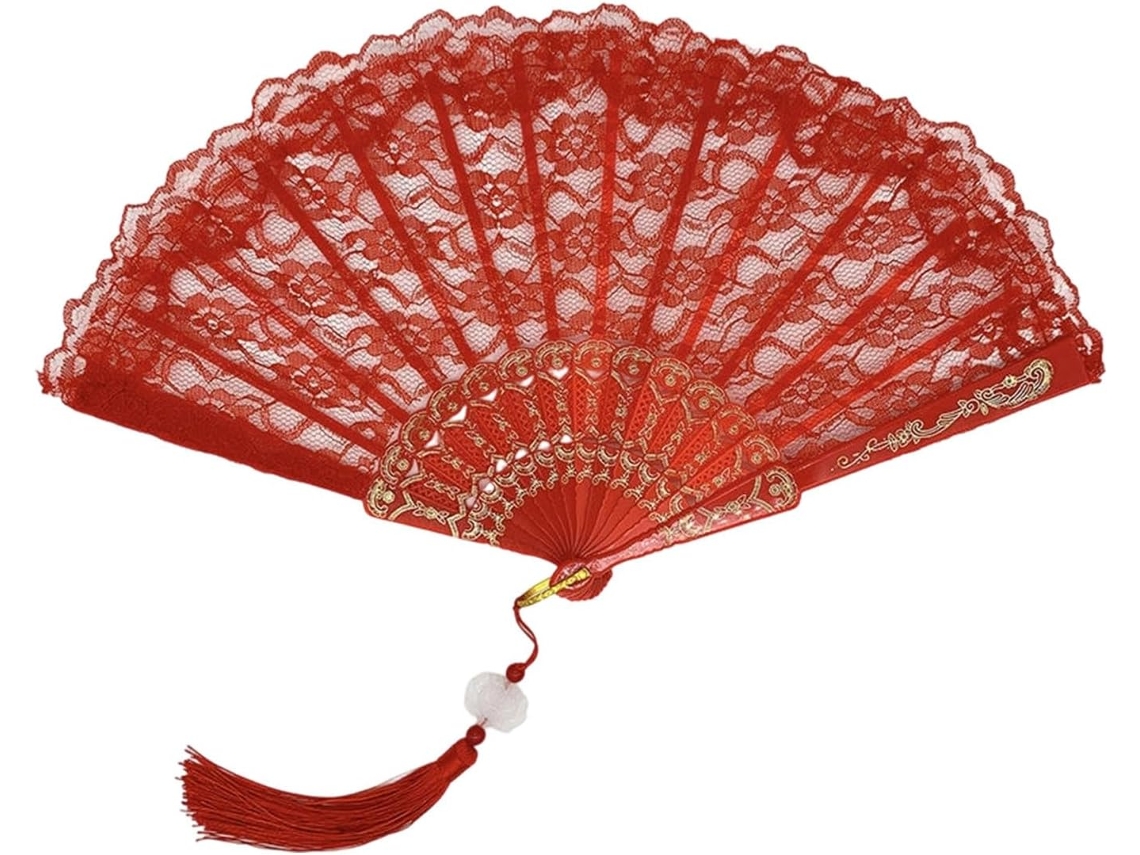 Leque feminino espanhol, elegante leque de plástico com acabamento em renda, leque retrô com borla.