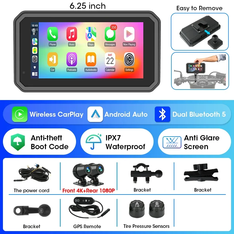 (dvr-gps-tpms) Câmera Veicular Para Motocicleta De 5 A 6,25 Polegadas, 4k+1080p À Prova D'água.