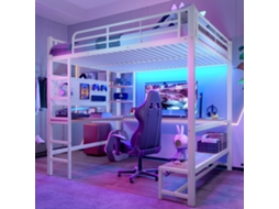 Cama Alta Metal 140x200 Escrivaninha Guarda corpo Led Branco