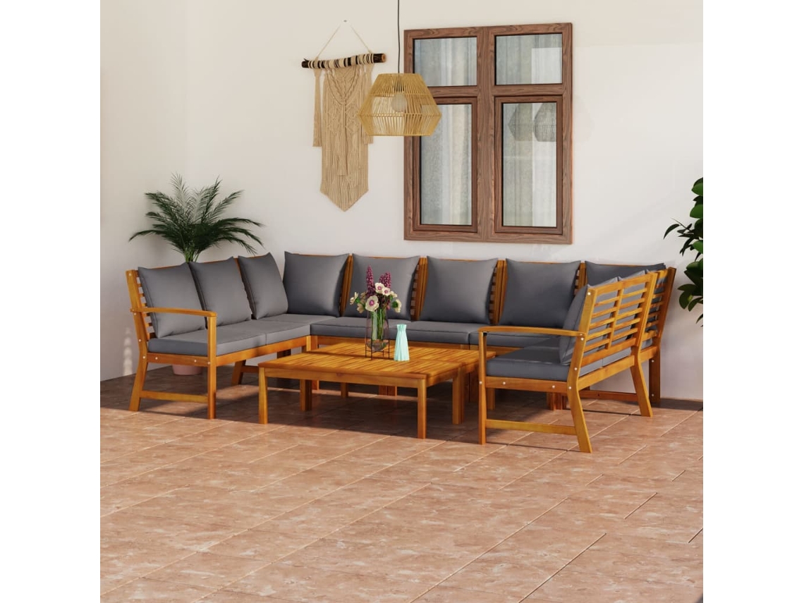 Vidaxl 9 Pcs Conjunto Lounge De Jardim C/ Almofadões Acácia Maciça