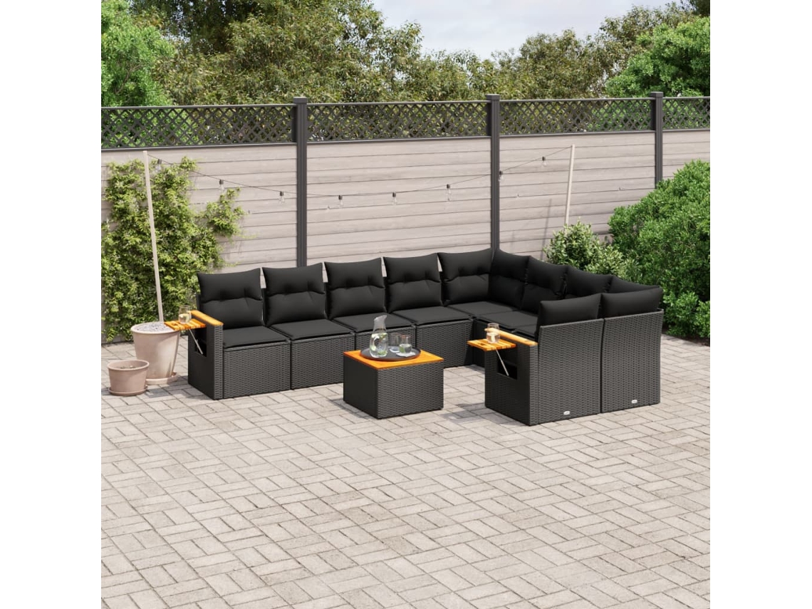 Jogo de Sofá Jardim 10 Peças C/ Almofadões Vime Pe Preto Dkd Home Decor