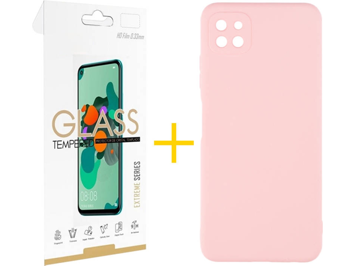 Capa e Película de Vidro Samsung Galaxy A22 5G SKYHE Silicone Líquido Rosa Creme