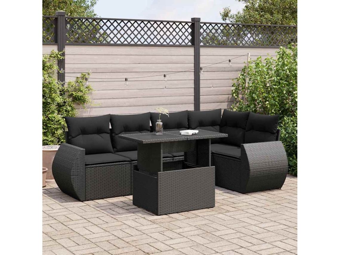 Vidaxl 6 Pcs Conjunto Sofás De Jardim C/ Almofadões Vime Pe Preto