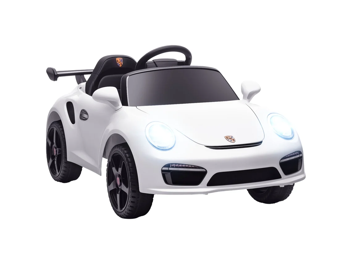 Carro Elétrico para Crianças de Polícia 12v com Motor Duplo Sirene Música Sem Fios Buzina Rodas Auxiliares e Faróis Led 105x58x49 Cm Branco Ge