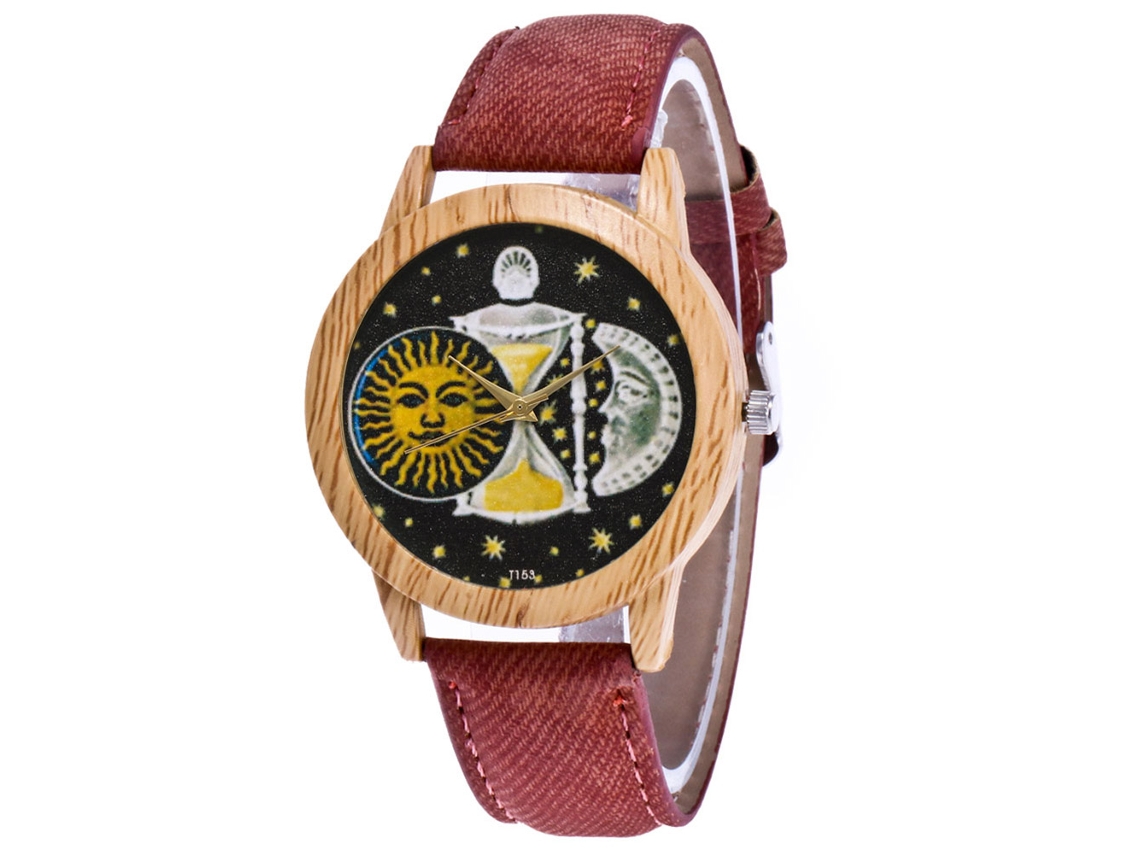 Relógio de Pulso Unissex de Quartzo com Padrão Sol Lua Pulseira Jeans Café Zhoulianfa