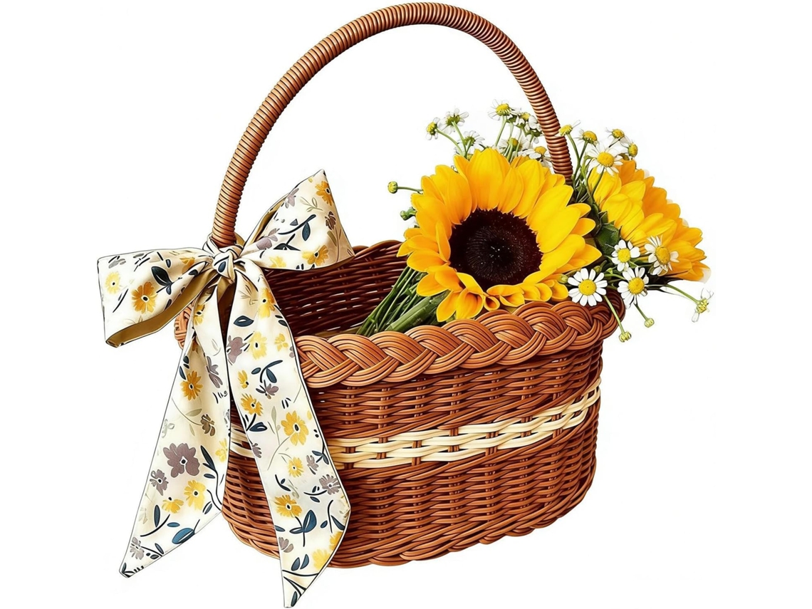 Cesta de Piquenique Trançada Frutas em Estilo Rattan com Alça e Detalhe Fita, Portátil Elegante, CHABERLU