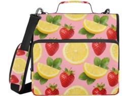 Conjunto de 3 anéis com fundo rosa claro, confeccionados com estampa de limão e morango, inclui estojo com zíper e organizador.