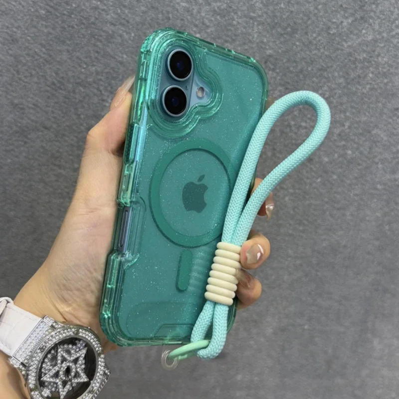 Capa Transparente Magnética Para Iphone 12 Pro Max (verde) Com Alça De Pulso E Cordão, Resistente A Impactos.