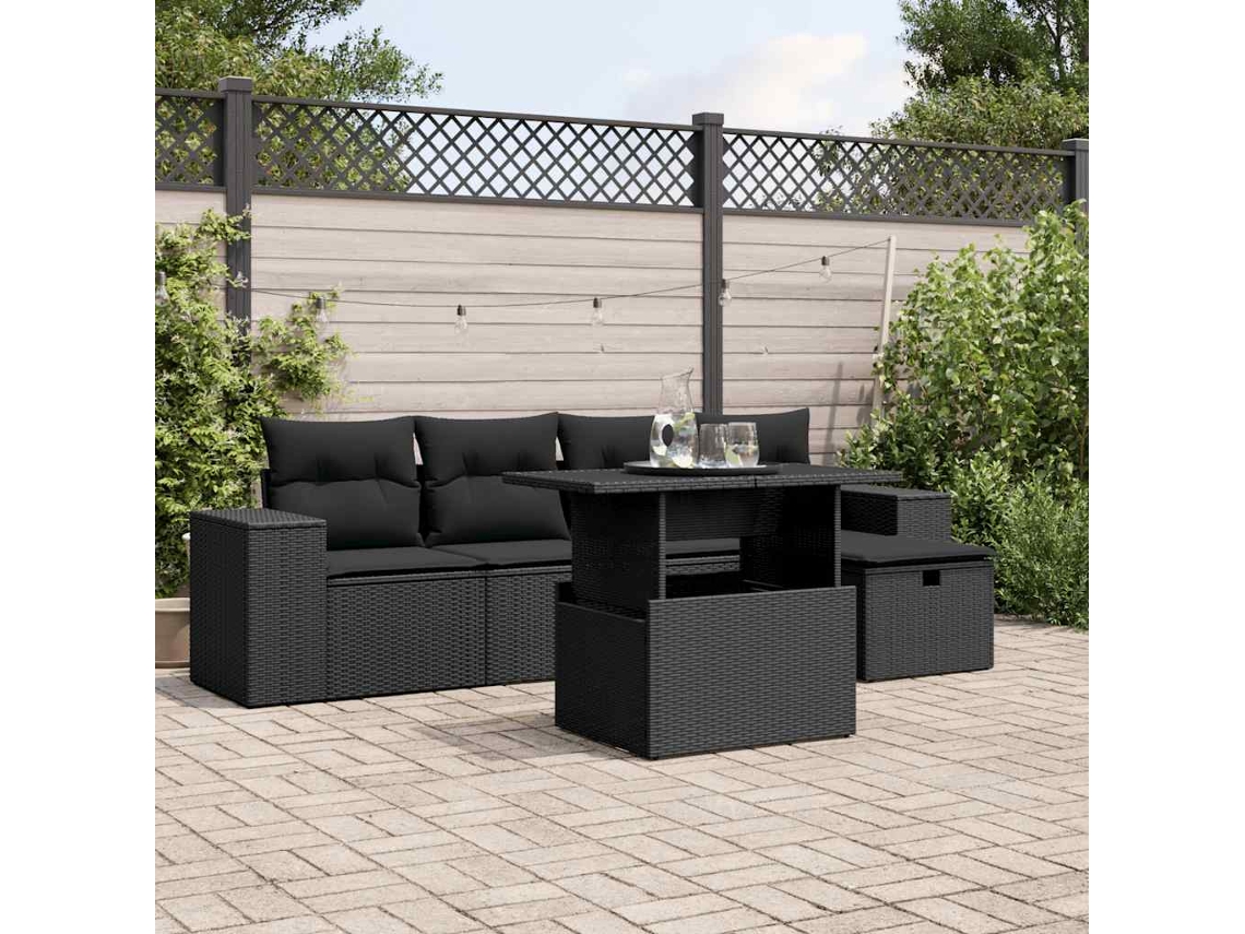 Vidaxl 6 Pcs Conjunto Sofás De Jardim C/ Almofadões Vime Pe Preto