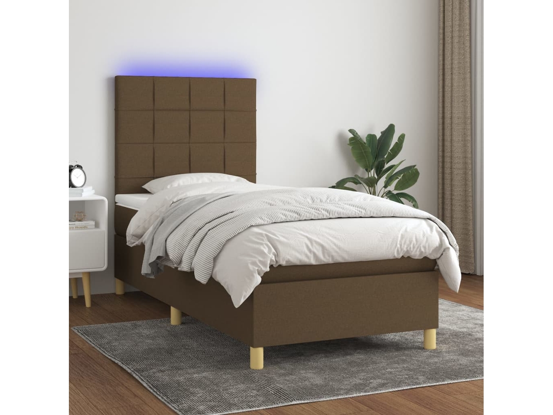 Vidaxl Cama Box Spring C/ Colchão/led 90x200 Cm Tecido Castanho-escuro