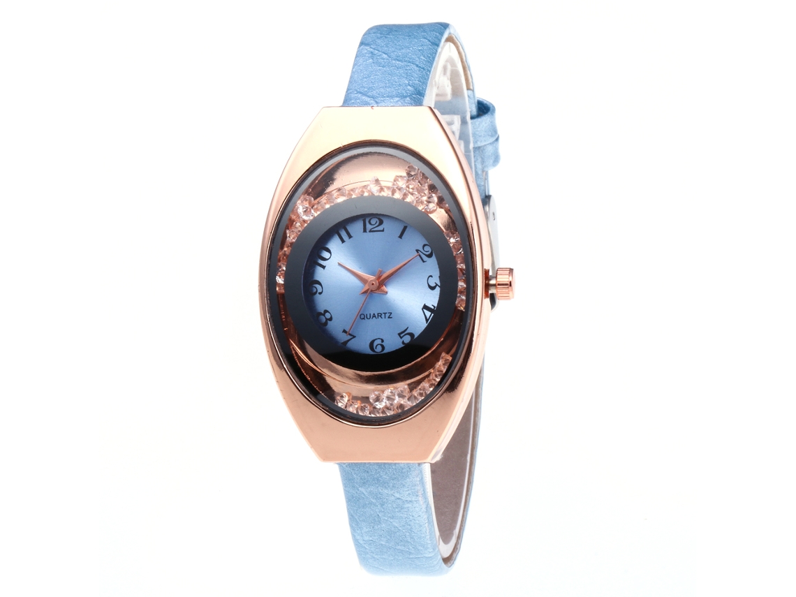 Relógio de Pulso Feminino Business Prateado Analógico de Quartzo com Pulseira de Couro Azul Claro