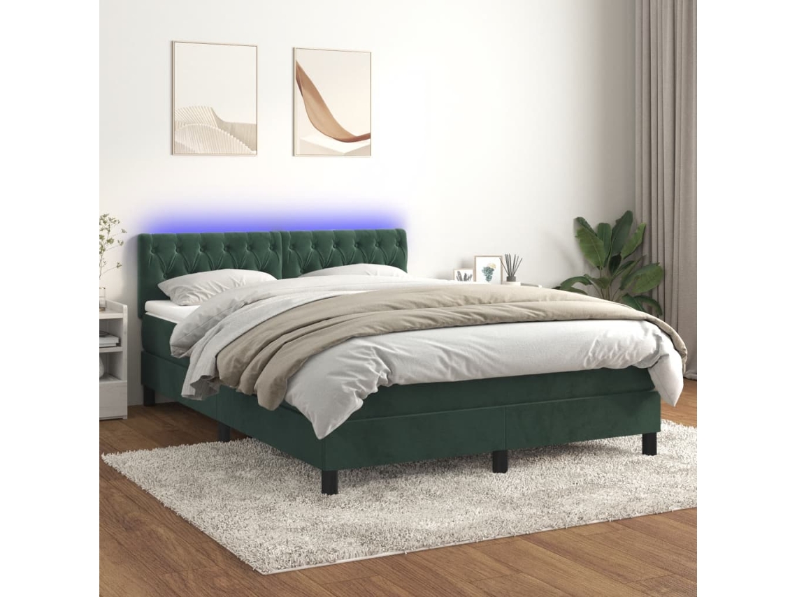 Cama Box Spring C/ Colchão/led 140x200 Cm Veludo Verde-escuro