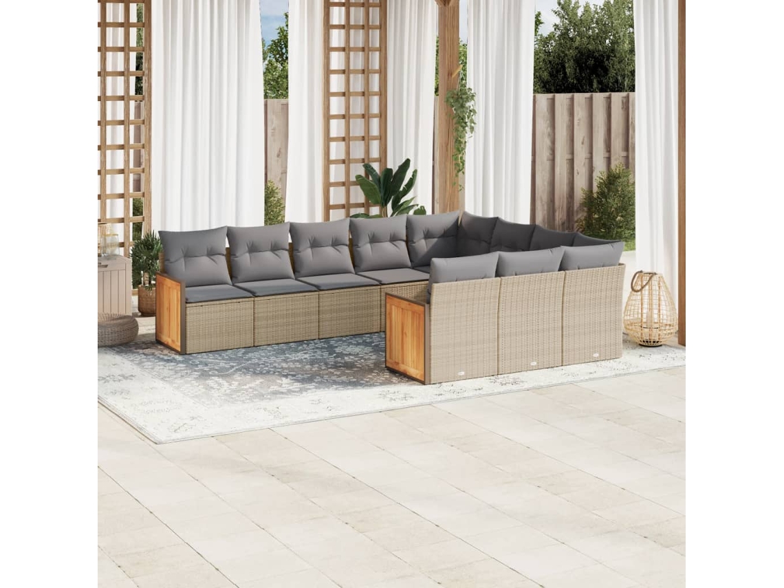 Vidaxl 10 Pcs Conjunto De Sofás P/ Jardim Com Almofadões Vime Pe Bege