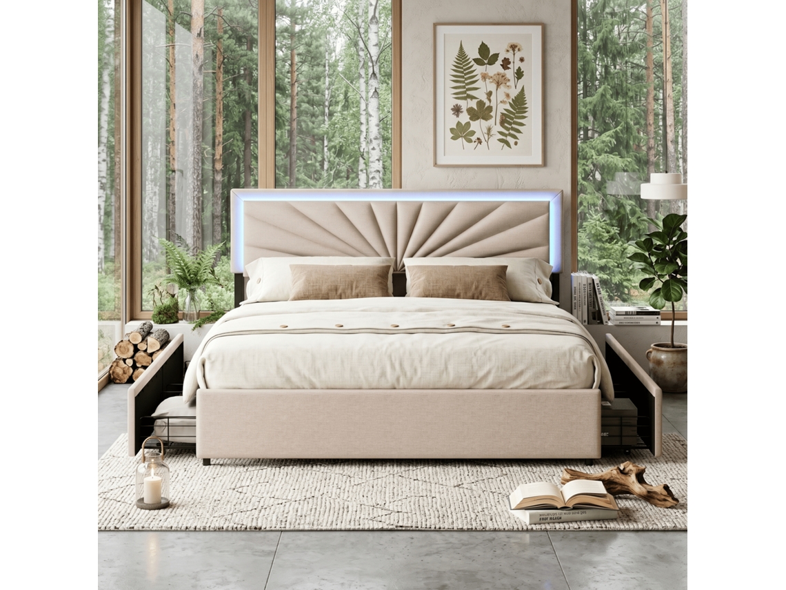 Cama Dupla com 4 Gavetas 160x200 cm, Estrutura Estofada, Cabeceira com Design de Raios de Sol e Luzes LED, Bege RESETIZE