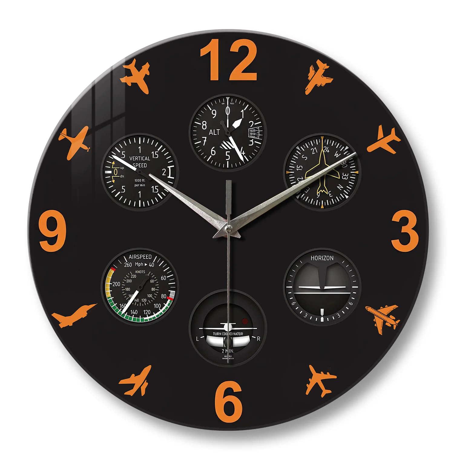 Relógio de parede de vidro (16 polegadas), design de painel de instrumentos de aviação, funcionamento silencioso.