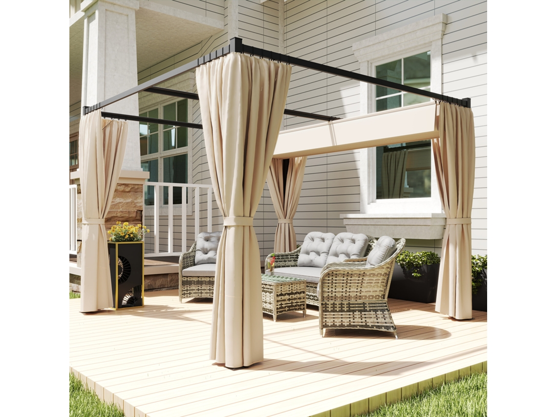 Pérgola Metálica 3x3m Para Jardim, Bege, Com Cobertura Retrátil Em Poliéster E Toldos Laterais - 300x300x227 Cm