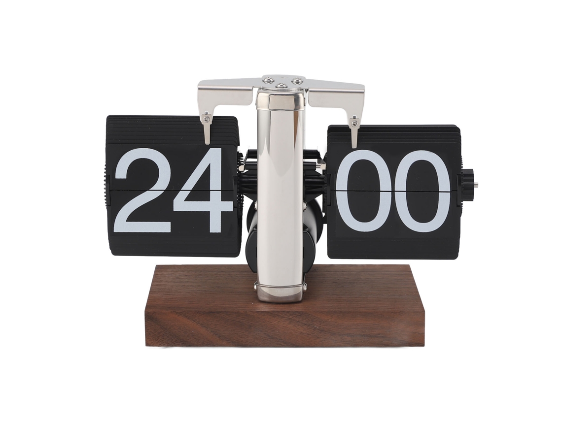Relógio De Mesa Mecânico Automático Flip 24h Madeira Aço Inox Vintage Casa Escritório