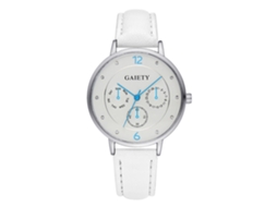 Relógio de pulso analógico de quartzo com pulseira de PU e três submostradores brancos.
