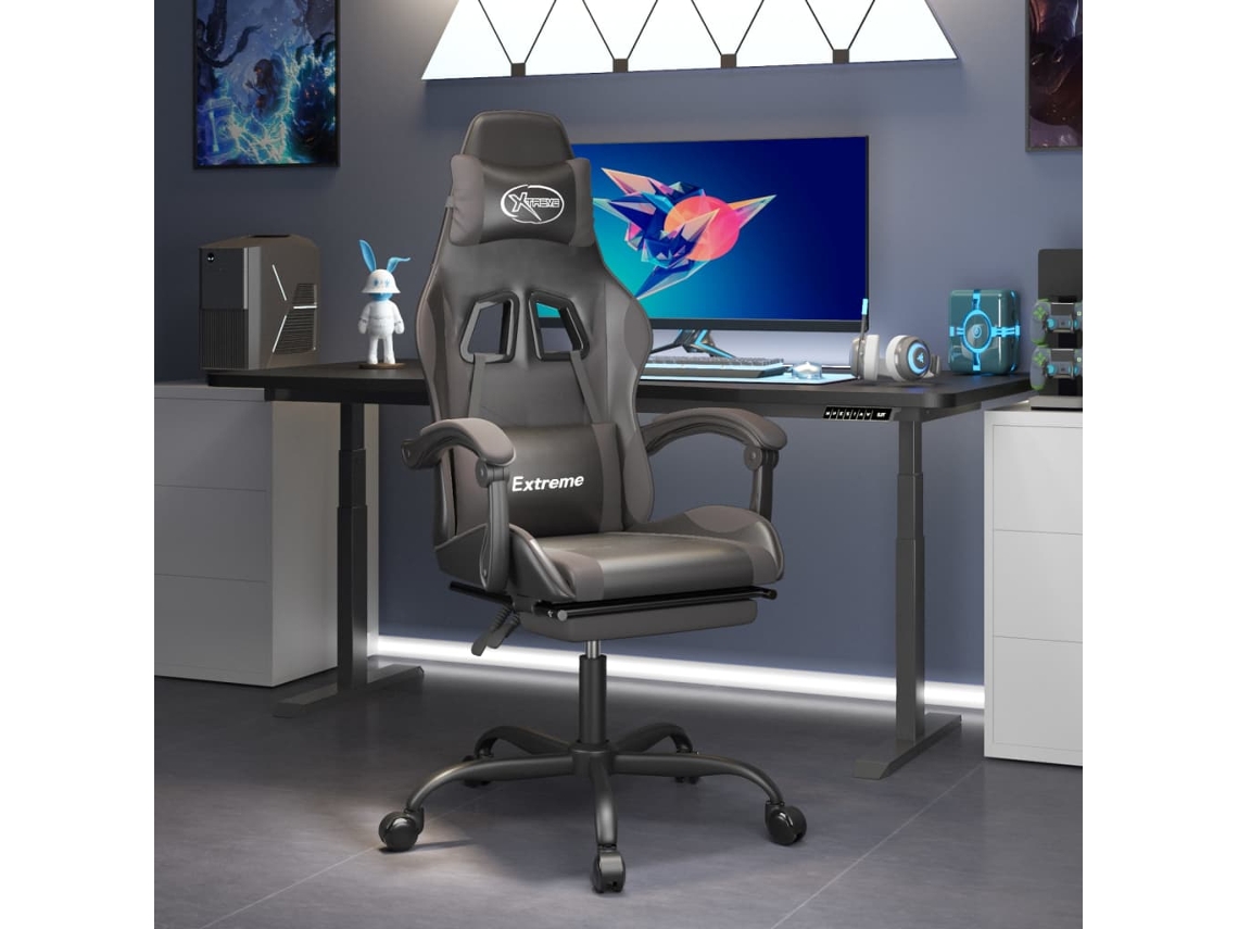 Vidaxl Cadeira Gaming C/ Apoio Pés Couro Artificial Preto E Cinza
