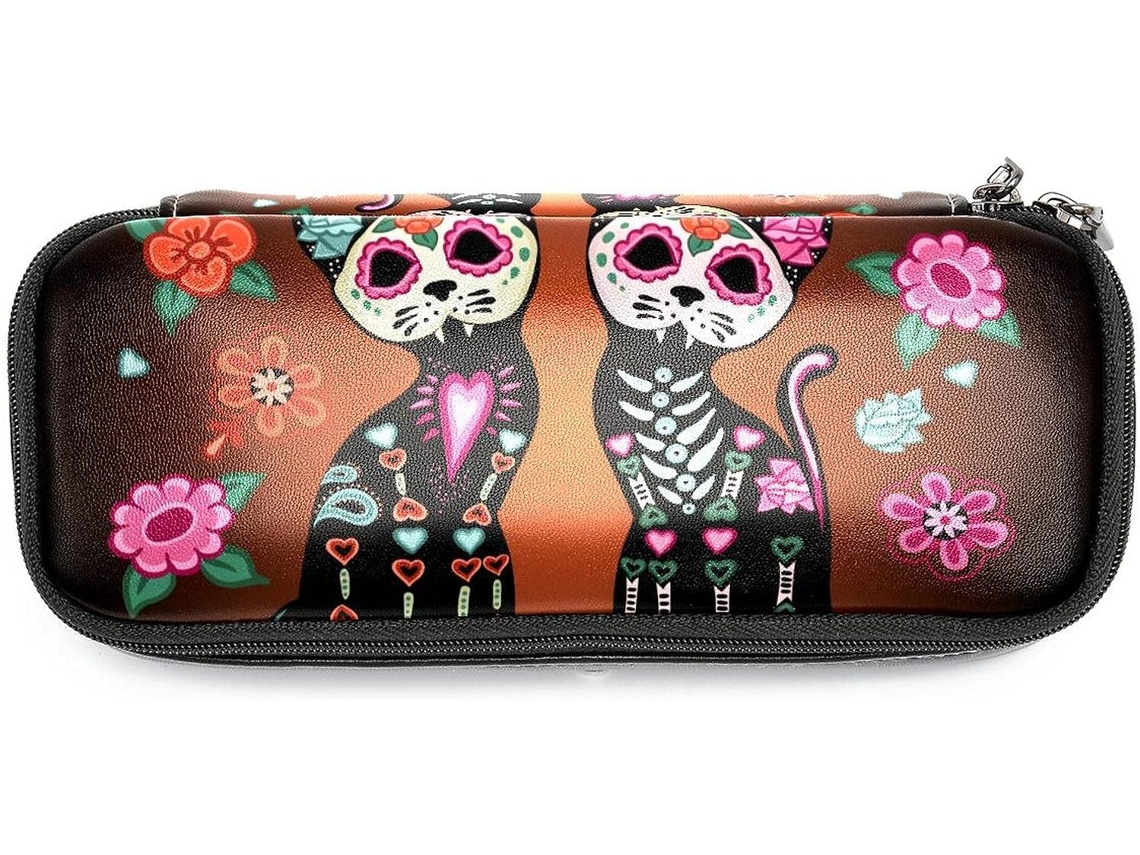 Estojo De Lápis Halloween Com Estampa Caveira Mexicana E Gato Abóbora, Grande Capacidade Marcadores, Organizador