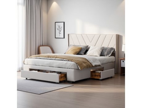Cama Estofada 160x200cm,estrutura Em Madeira Com 3 Gavetas,cama De Casal Moderna Para Quarto,roupa De Cama Bege Rosahqnda