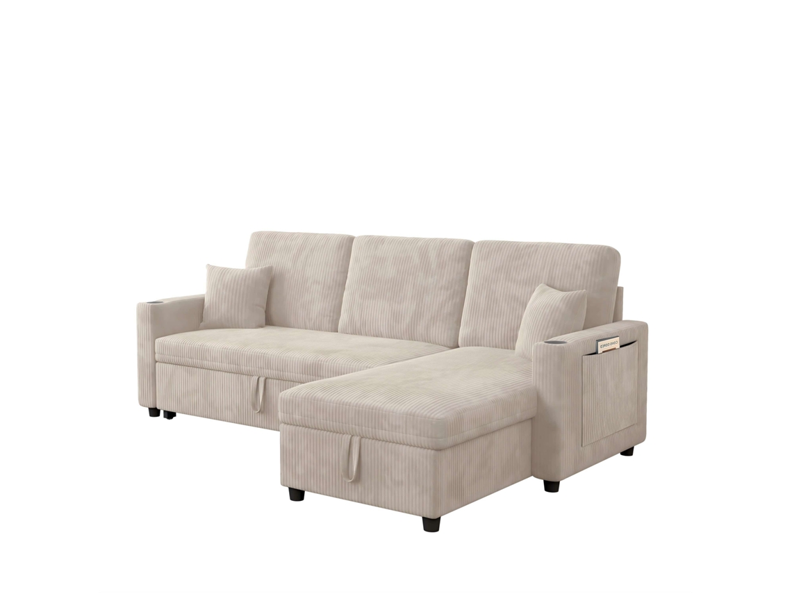 Sofá-cama De Canto De 3 Lugares - Modular Com Chaise Longue, Espaçoso, Transformável Com Arrumação - Bege