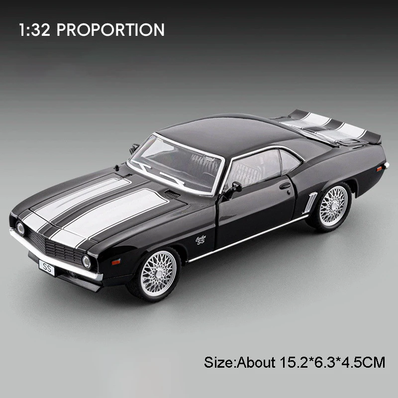 (camaro Ss Preto) Miniatura De Carro Esportivo Em Escala 1:32, Com Efeitos De Som E Luz, Portas Que Abrem, Modelo Em Liga Metálica Fundida.