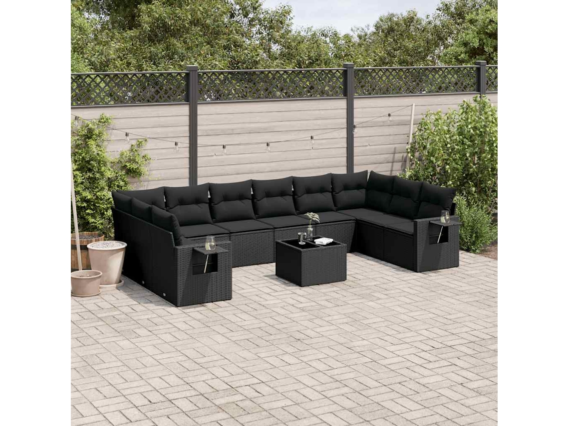 Vidaxl 11 Pcs Conjunto Sofás De Jardim C/ Almofadões Vime Pe Preto