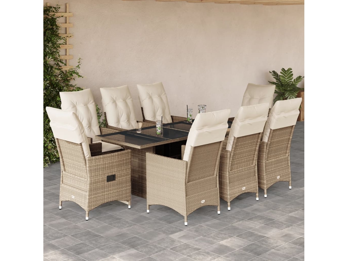 9 Pcs Conjunto De Jantar P/ Jardim Com Almofadões Vime Pe Bege Dkd Home Decor