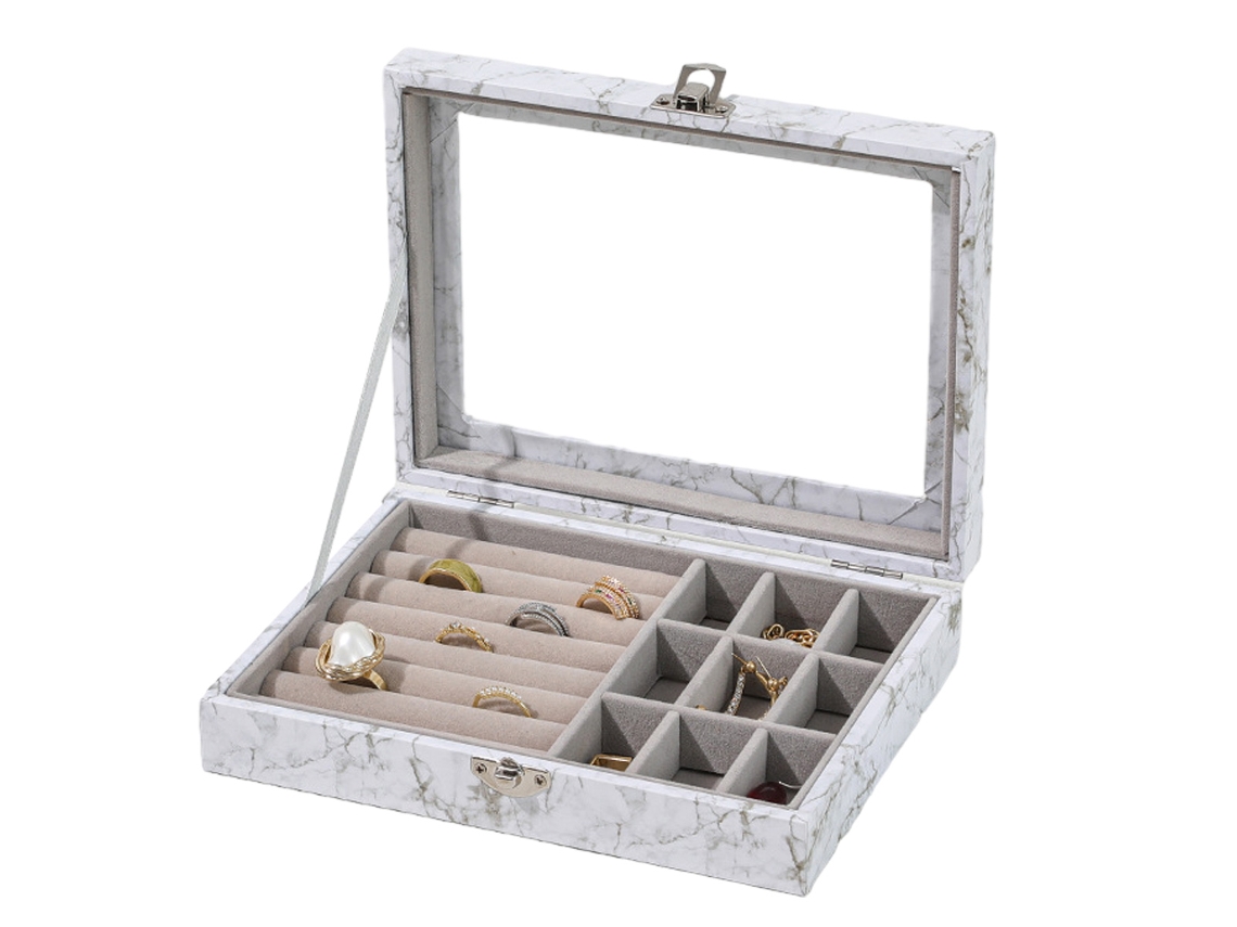 Caixa de Joias 2 em 1 Organizador de Anel Titular Expositor Empilhável Vitrine Travável Bandeja de Armazenamento de Joias 20X15X5Cm Branco ZMDECQNA