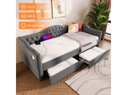Cama Estofada, Sofá Sofá, Cama De Armazenamento, Estrutura De Cama Com Carregamento Usb Tipo C E 2 Gavetas 90x200cm Em Linho Cinza (sem Colchão)-op