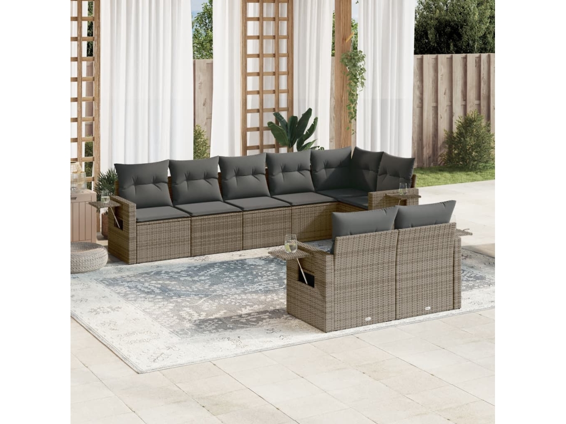 Vidaxl 8 Pcs Conjunto Sofás De Jardim C/ Almofadões Vime Pe Cinzento