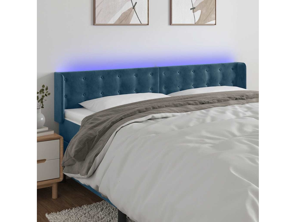 Vidaxl Cabeceira Cama C/ Luzes Led Veludo 183x16x78/88 Cm Azul-escuro