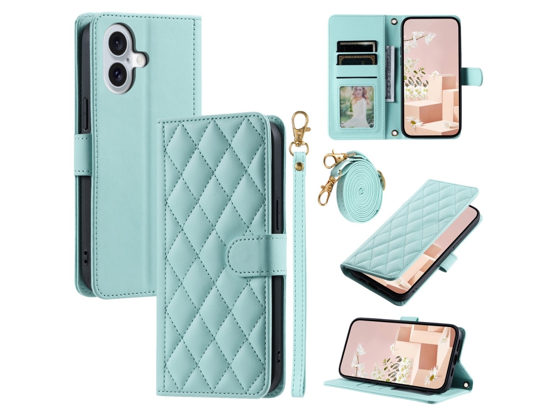 Capa Em Couro Pu Com Pega Para Apple Iphone 16 - Verde Menta