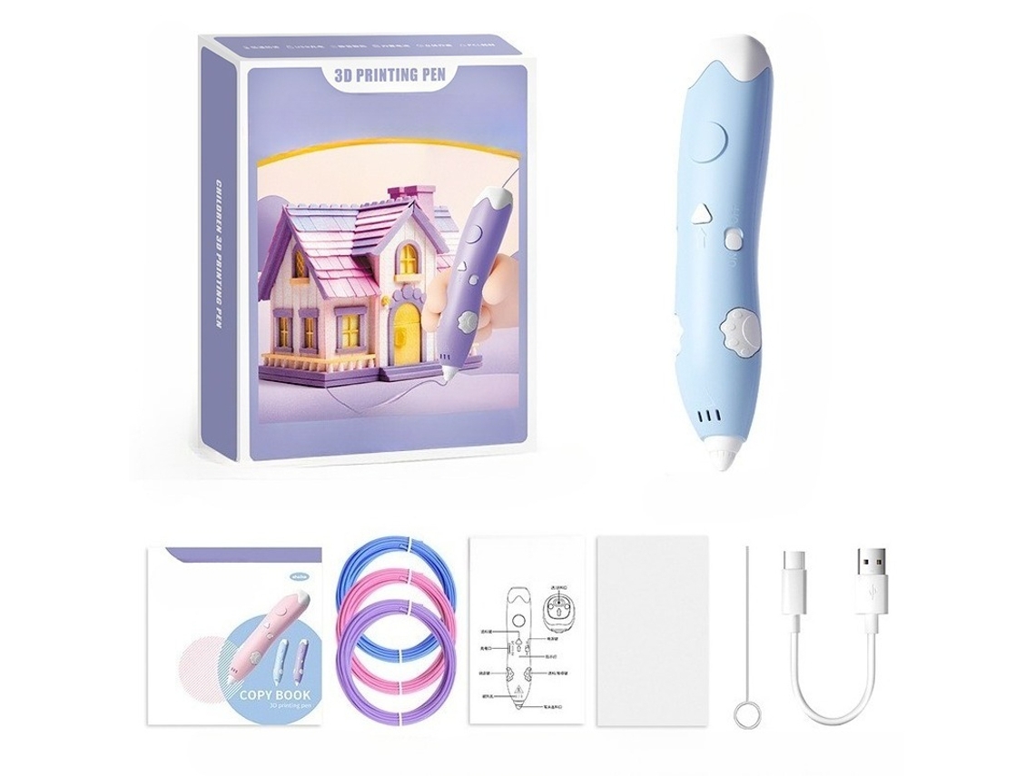 Caneta de Impressão 3d para Criança, Recarregável Via Usb, Pacote de 3 Rolos de Filamento Pla Azul PANOONA