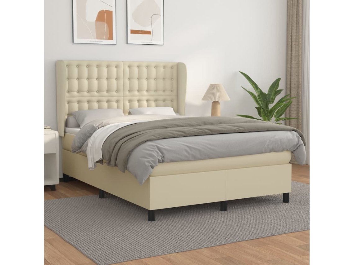 Vidaxl Cama Com Molas/colchão 140x190 Cm Couro Artificial Cor Creme