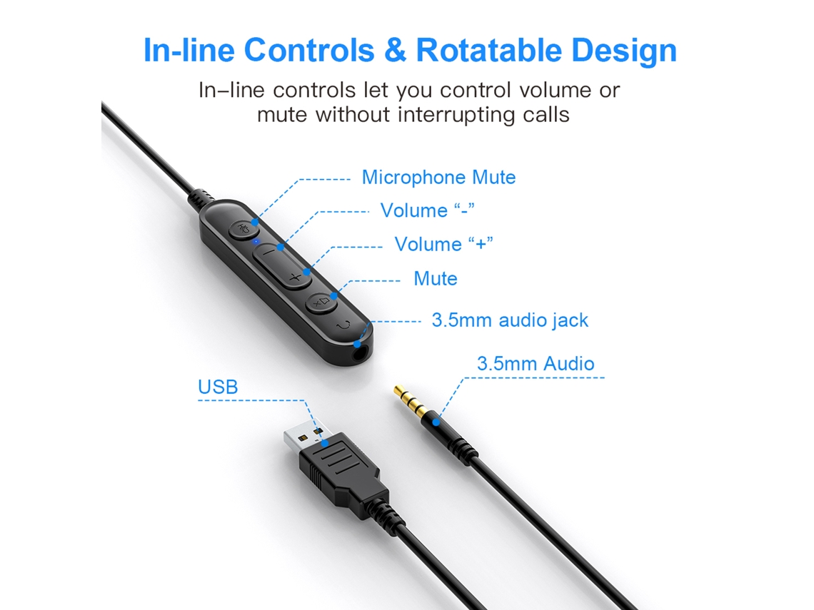 Aetheria new Bee H360 Fone de Ouvido com Microfone Usb/3.5mm para Call Center com Controle de Volume e Banda Ajustável