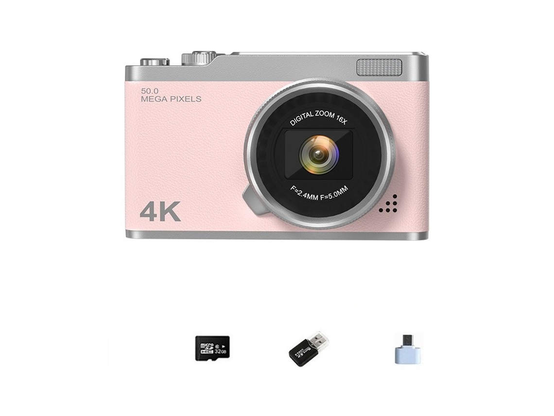 Câmara Digital Tela Hd Flip De 2,4 Polegadas, Foco Automático Af Com Zoom De 16x (cartão Rosa De 32 Gb) Cuich