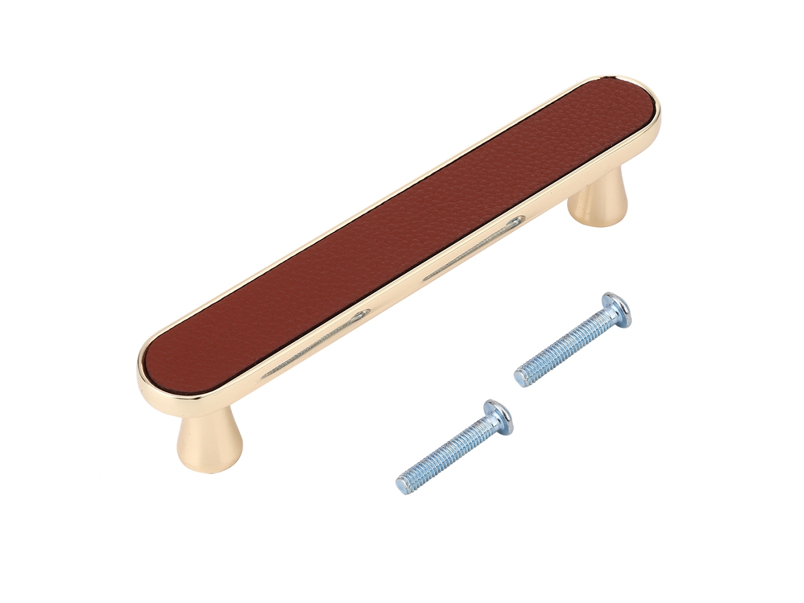 Puxador de porta de guarda-roupa minimalista em estilo europeu (banhado a ouro com couro legítimo, espaçamento de 128 mm entre furos)