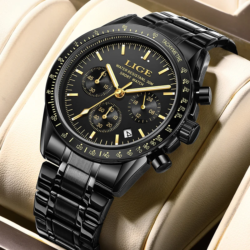 Relógio À Prova D'água De Nível Militar (preto E Dourado), Cronógrafo De Quartzo Esportivo De Luxo De Marca Renomada.