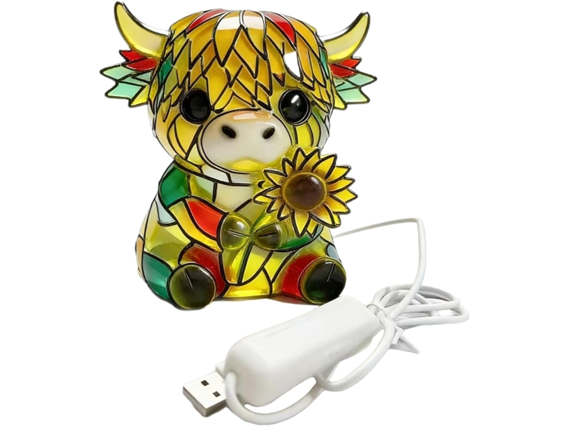 Luminária De Mesa Led Em Resina Com Girassol E Vaca Das Terras Altas,