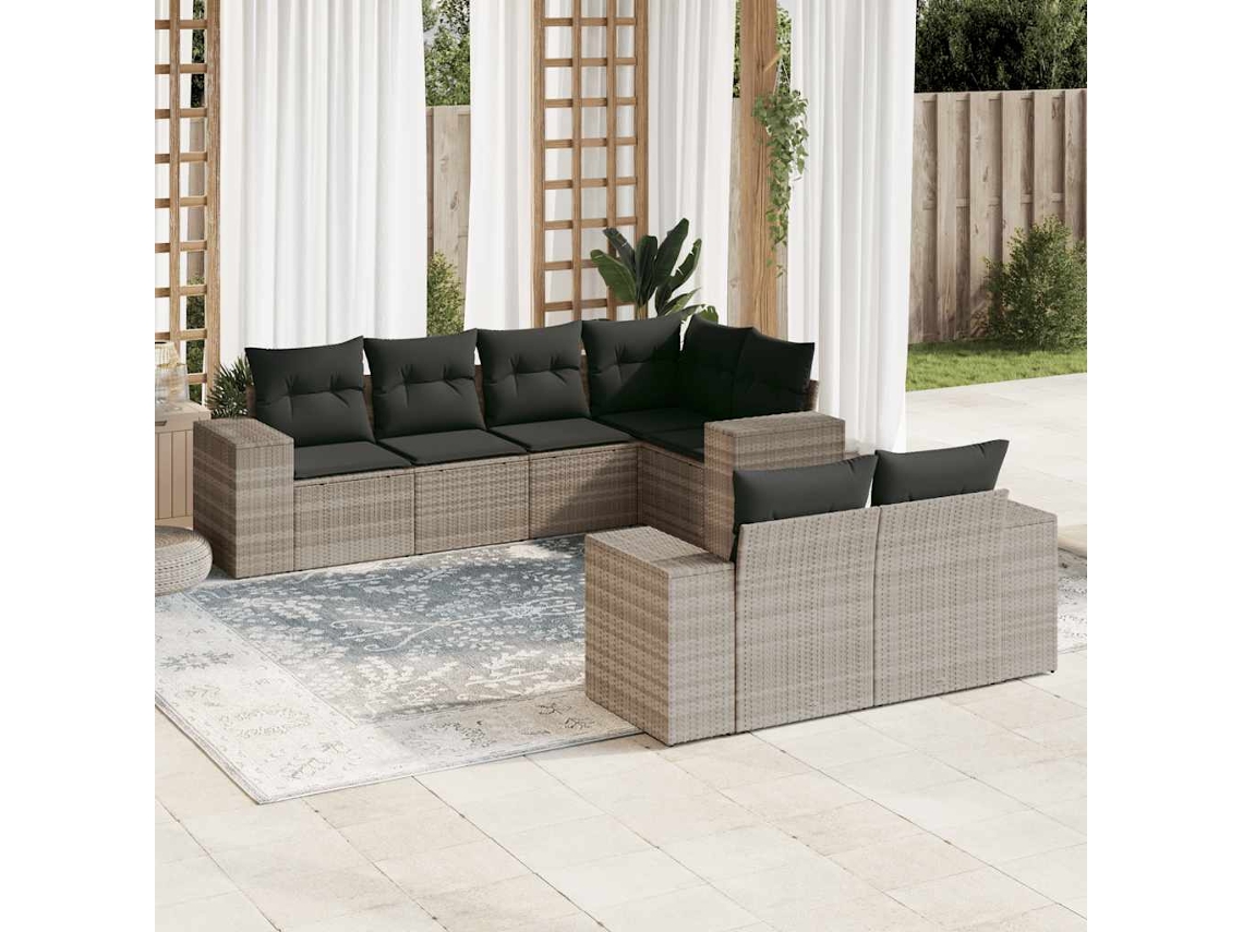 Vidaxl 7 Pcs Conj. Sofás Jardim Com Almofadões Vime Pe Cinzento-claro