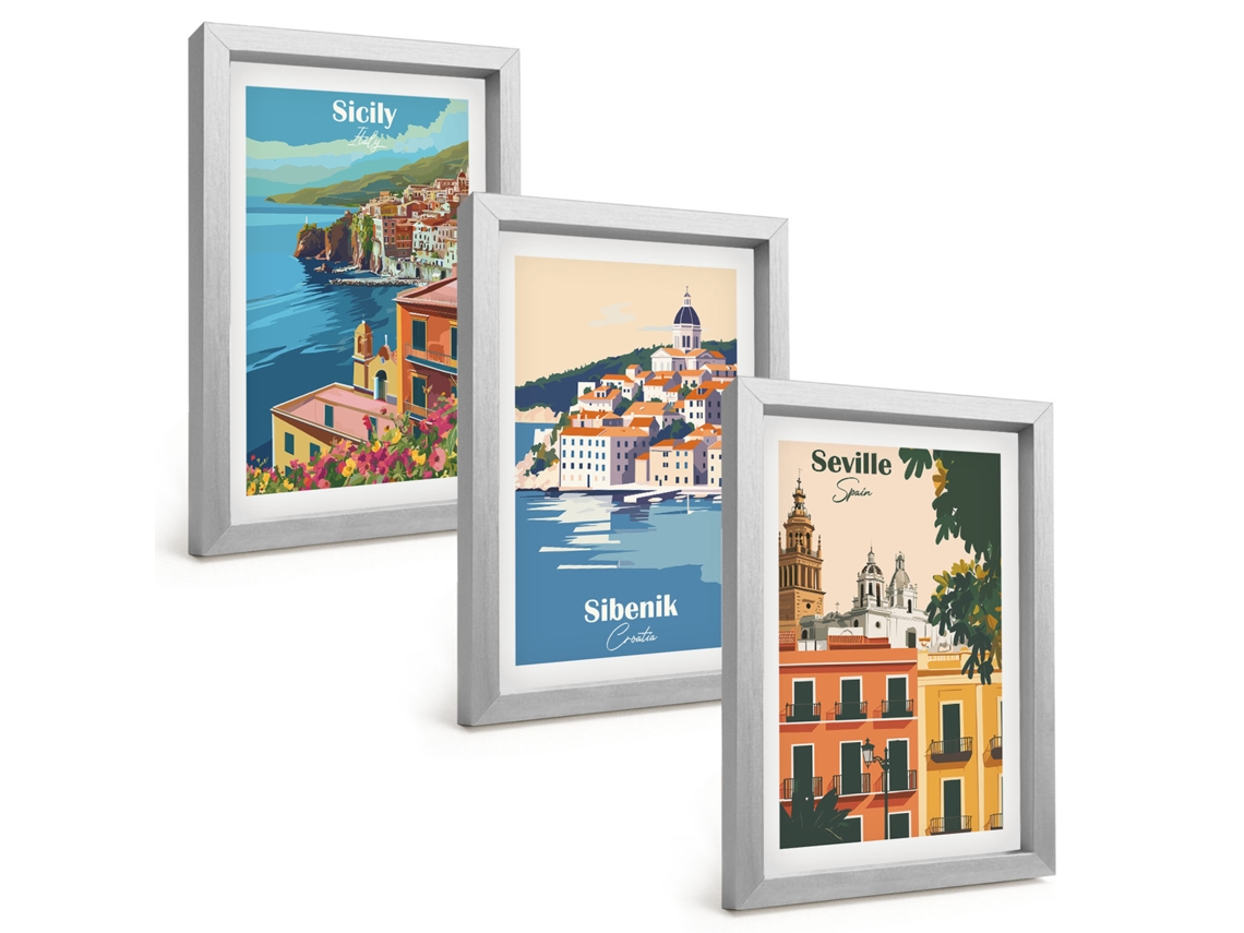 Composição De Quadros Na Paredepaisagens Urbanas Com Prédios Moldura Prateada Quadros Para A Sala De Estar Espelharte (3 Peças 20x30 Cm)